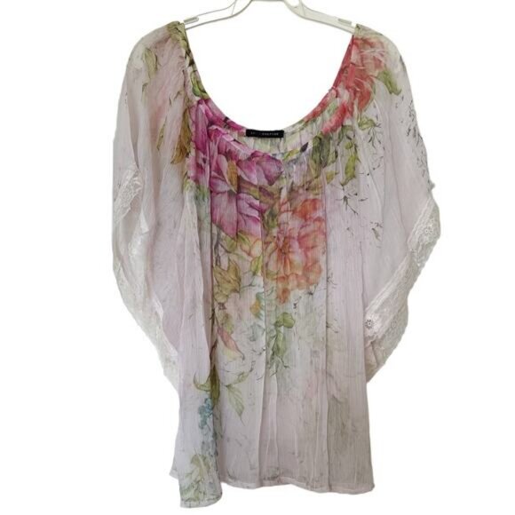 Love Culture Sheer Floral Top Lace Bat Wing Square Neck Size Medium - Picture 2 of 8